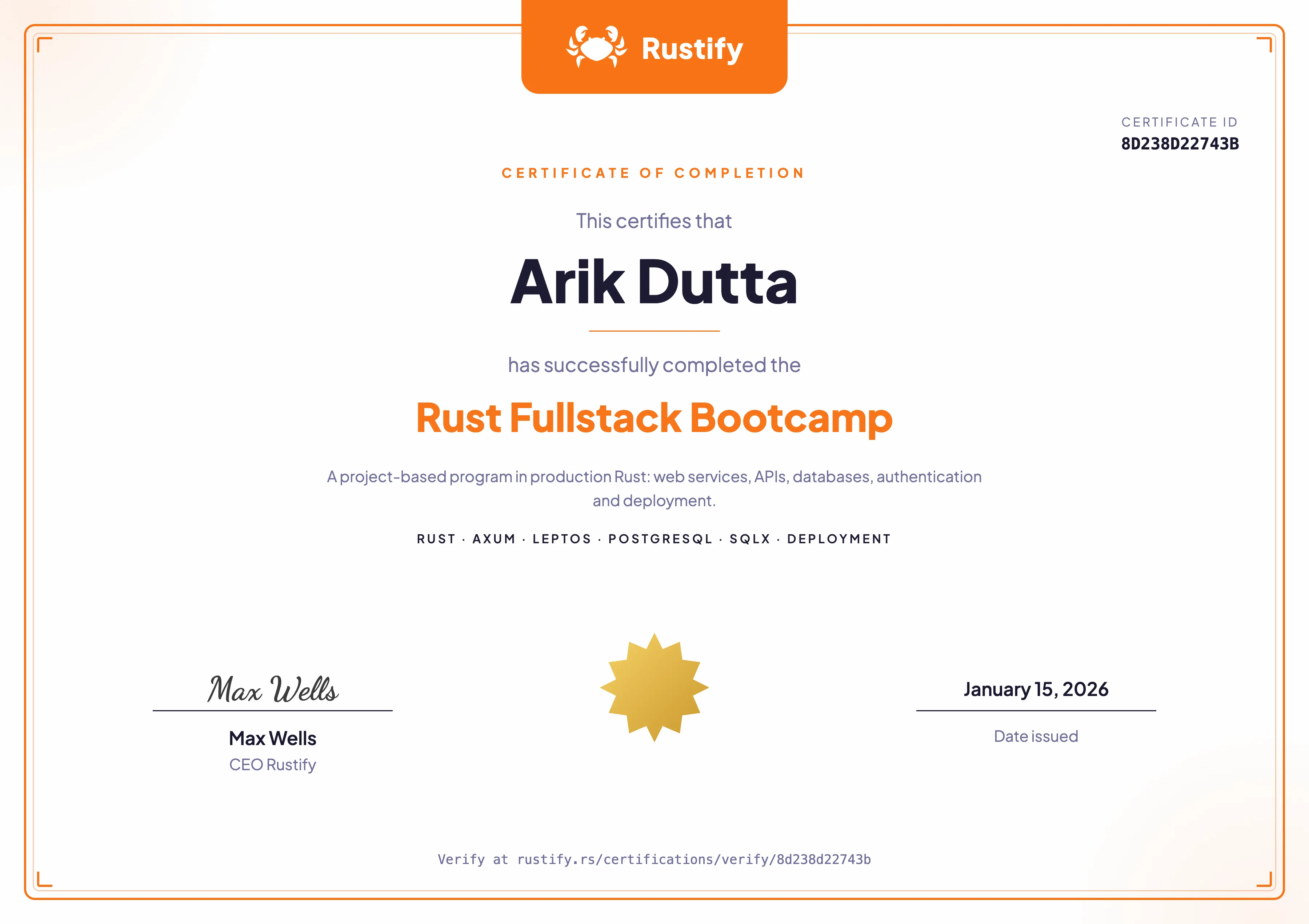Rustify certificate preview